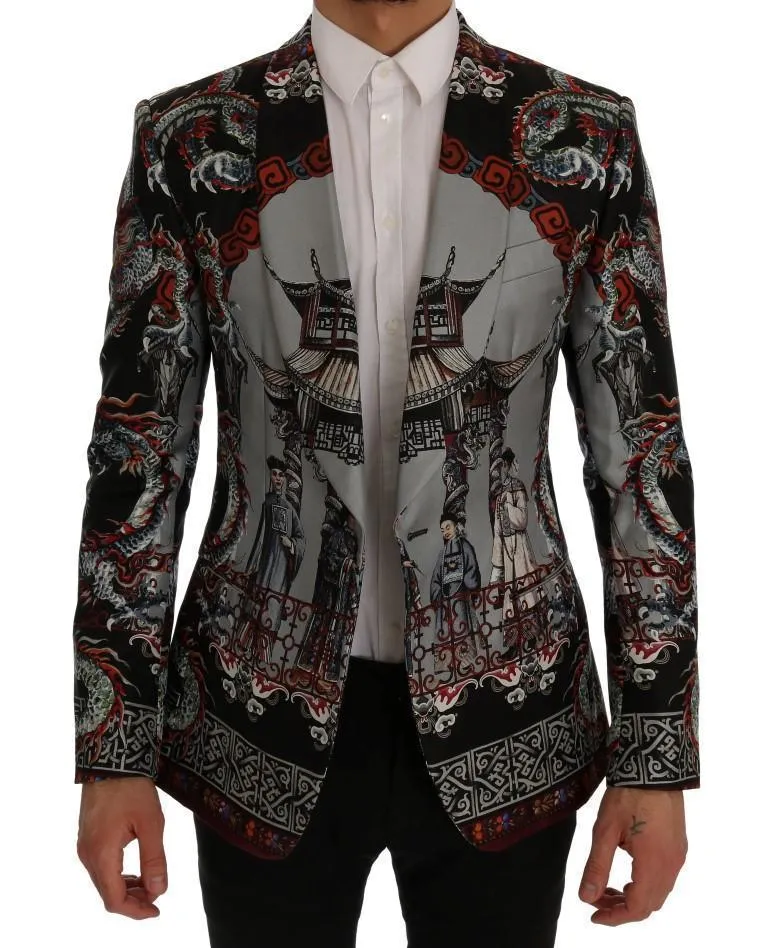 Multicolor Dragon Print Silk Slim Fit Blazer Jacket