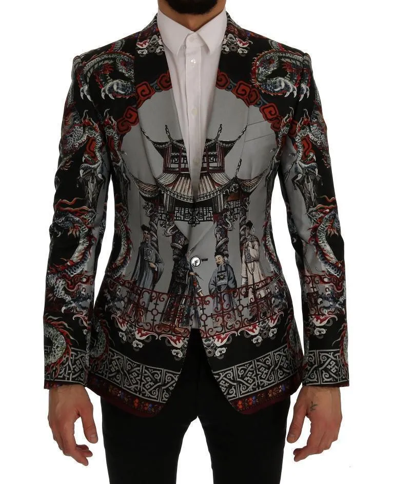 Multicolor Dragon Print Silk Slim Fit Blazer Jacket