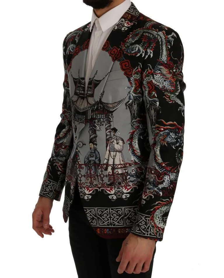 Multicolor Dragon Print Silk Slim Fit Blazer Jacket