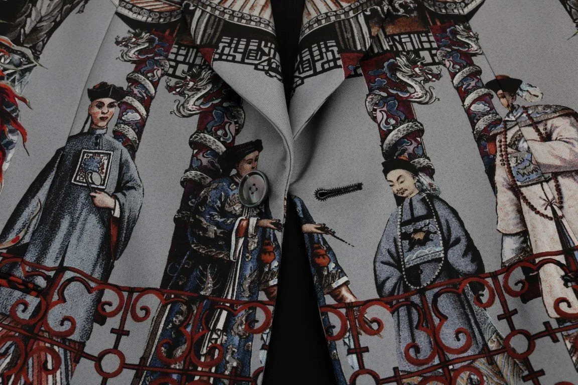 Multicolor Dragon Print Silk Slim Fit Blazer Jacket