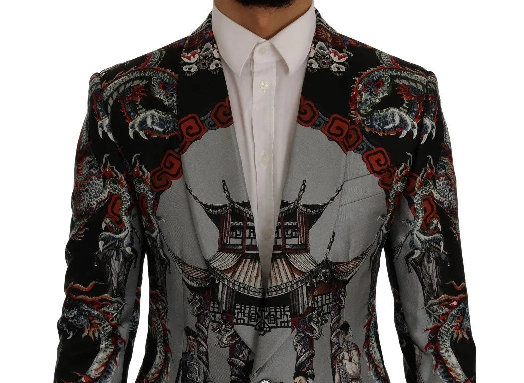 Multicolor Dragon Print Silk Slim Fit Blazer Jacket
