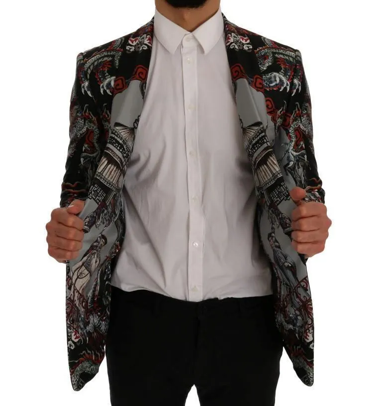 Multicolor Dragon Print Silk Slim Fit Blazer Jacket