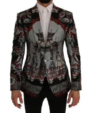 Multicolor Dragon Print Silk Slim Fit Blazer Jacket