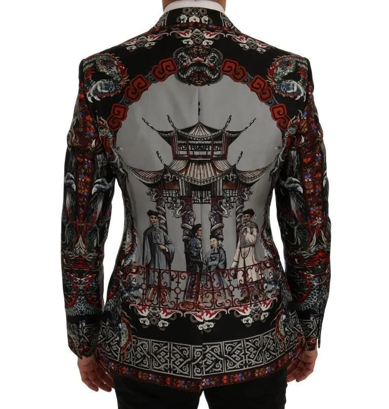 Multicolor Dragon Print Silk Slim Fit Blazer Jacket