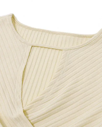 Navel-Baring Pitted Knitted Long-Sleeved Top