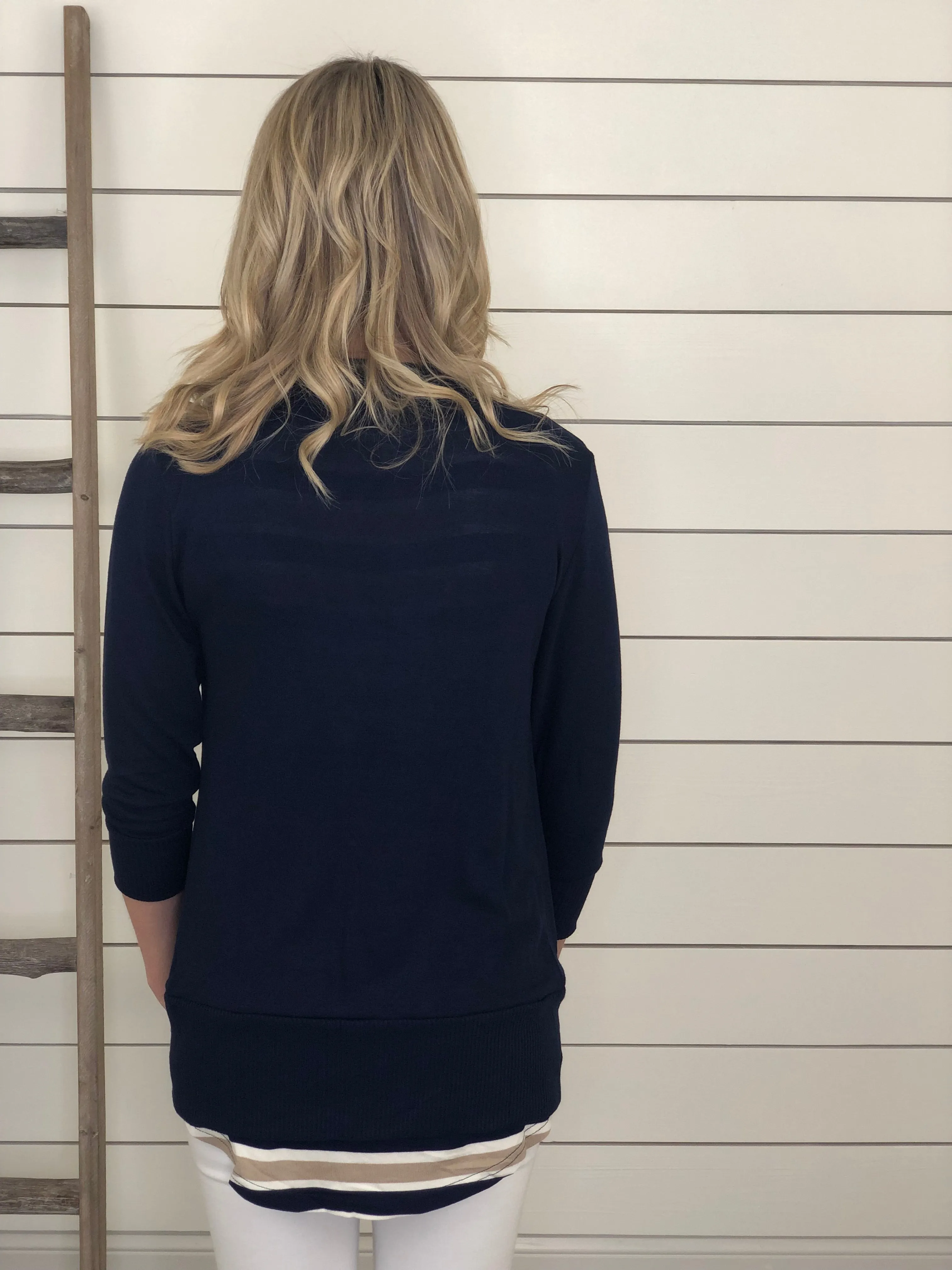 Navy 3/4 Sleeve Snap Button Cardigan
