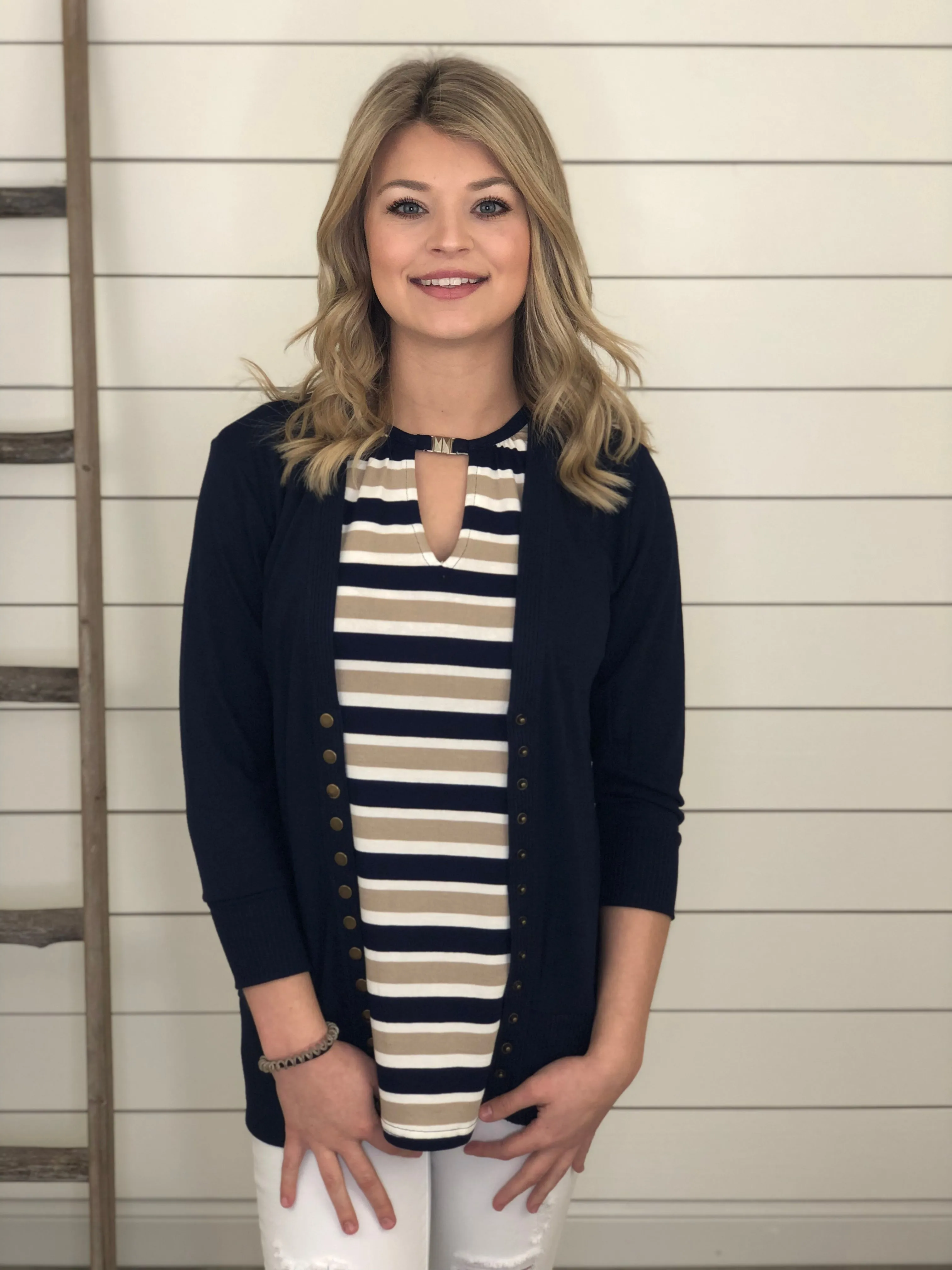 Navy 3/4 Sleeve Snap Button Cardigan