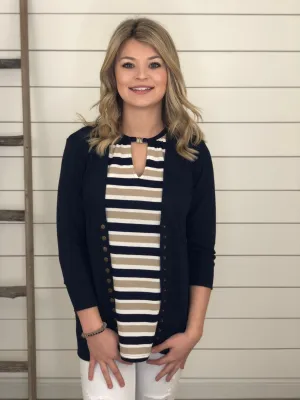 Navy 3/4 Sleeve Snap Button Cardigan