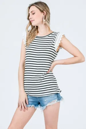 Navy and White Striped Top with Cotton Lace Sleeve Detail