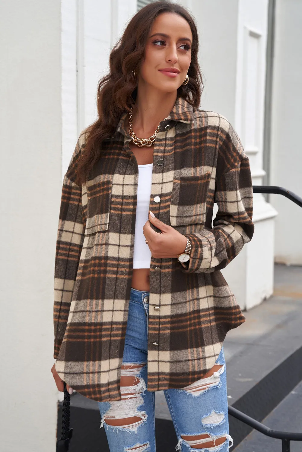 Nicki Plaid Curved Hem Dropped Shoulder Longline Shirt Jacket