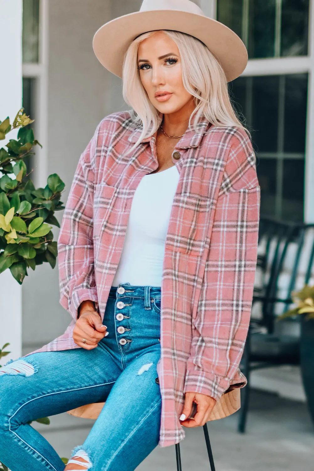 Nicki Plaid Curved Hem Dropped Shoulder Longline Shirt Jacket