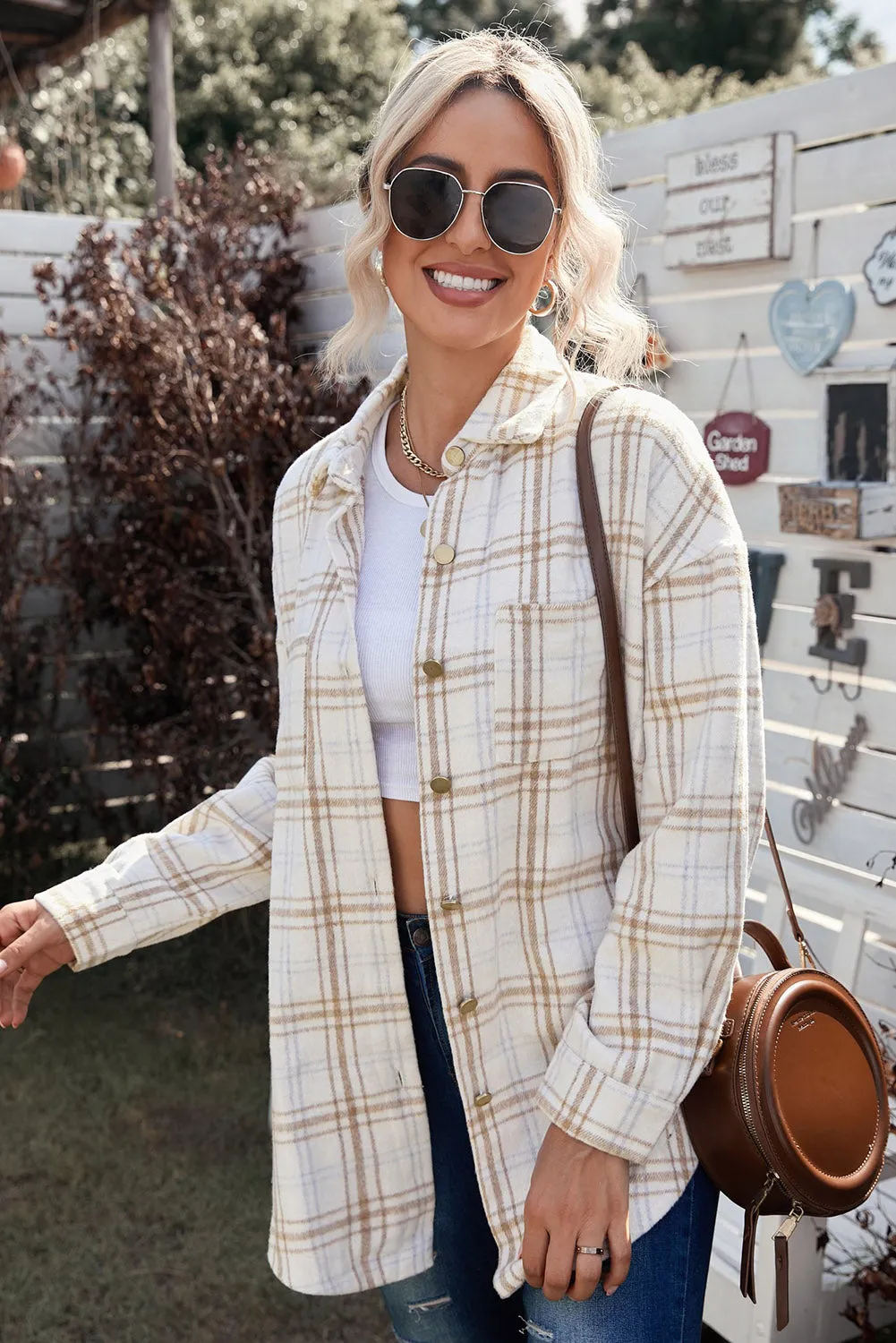Nicki Plaid Curved Hem Dropped Shoulder Longline Shirt Jacket