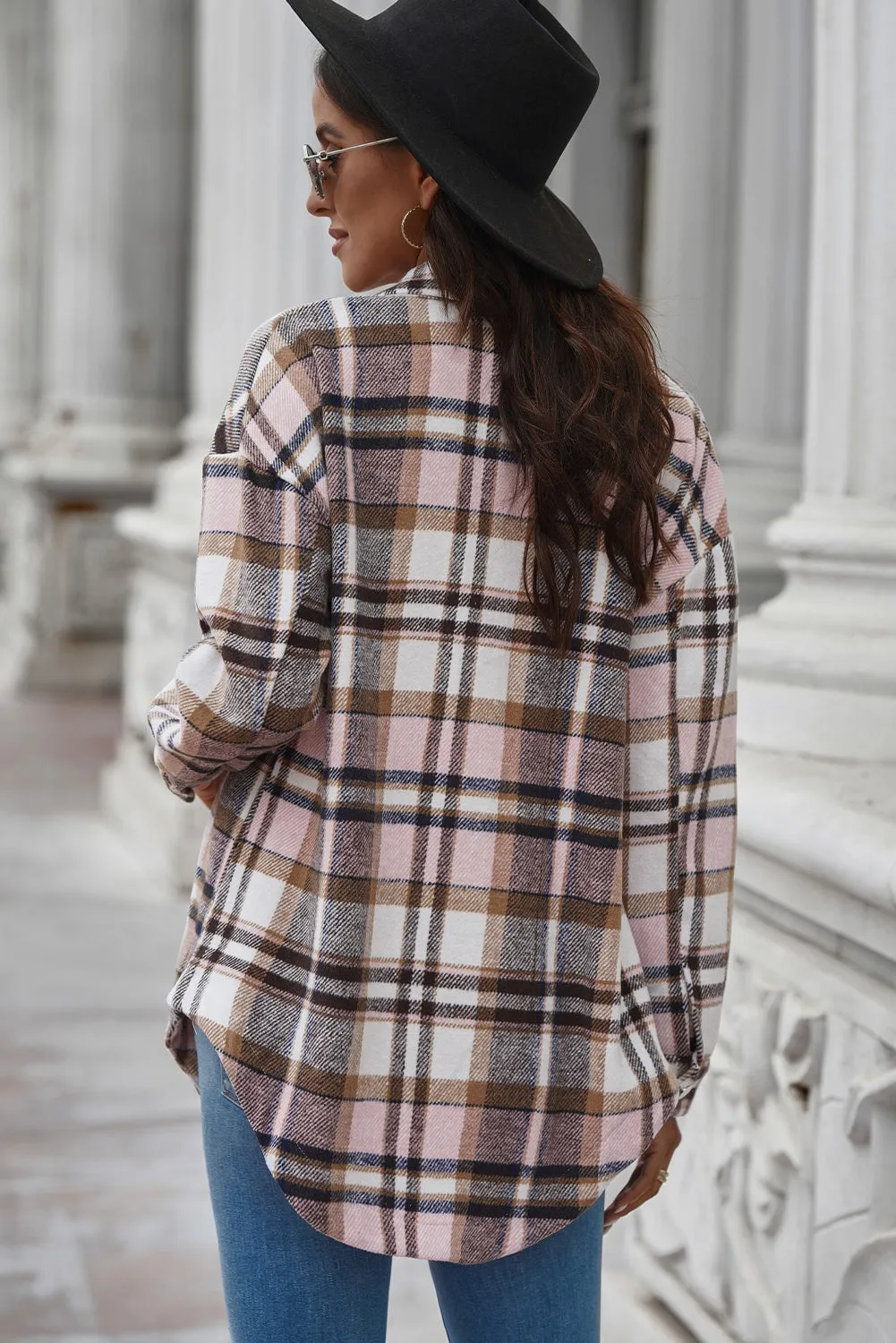 Nicki Plaid Curved Hem Dropped Shoulder Longline Shirt Jacket