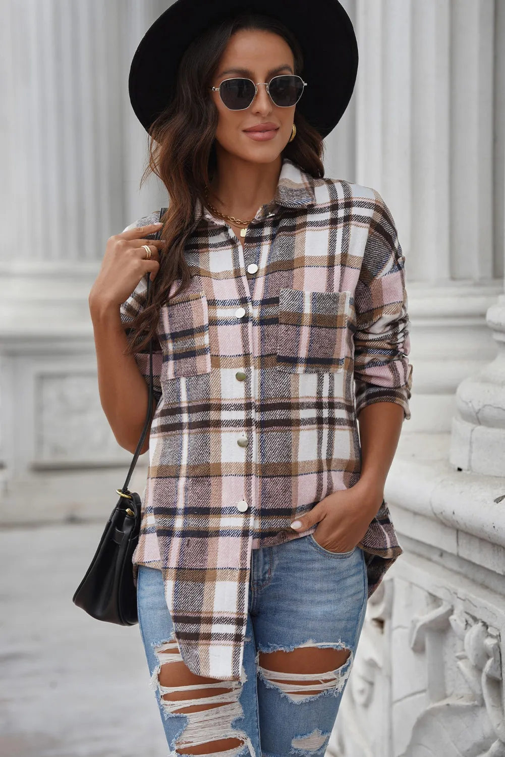 Nicki Plaid Curved Hem Dropped Shoulder Longline Shirt Jacket