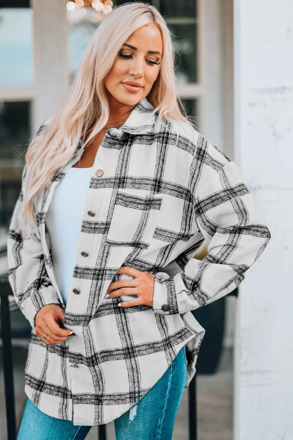 Nicki Plaid Curved Hem Dropped Shoulder Longline Shirt Jacket