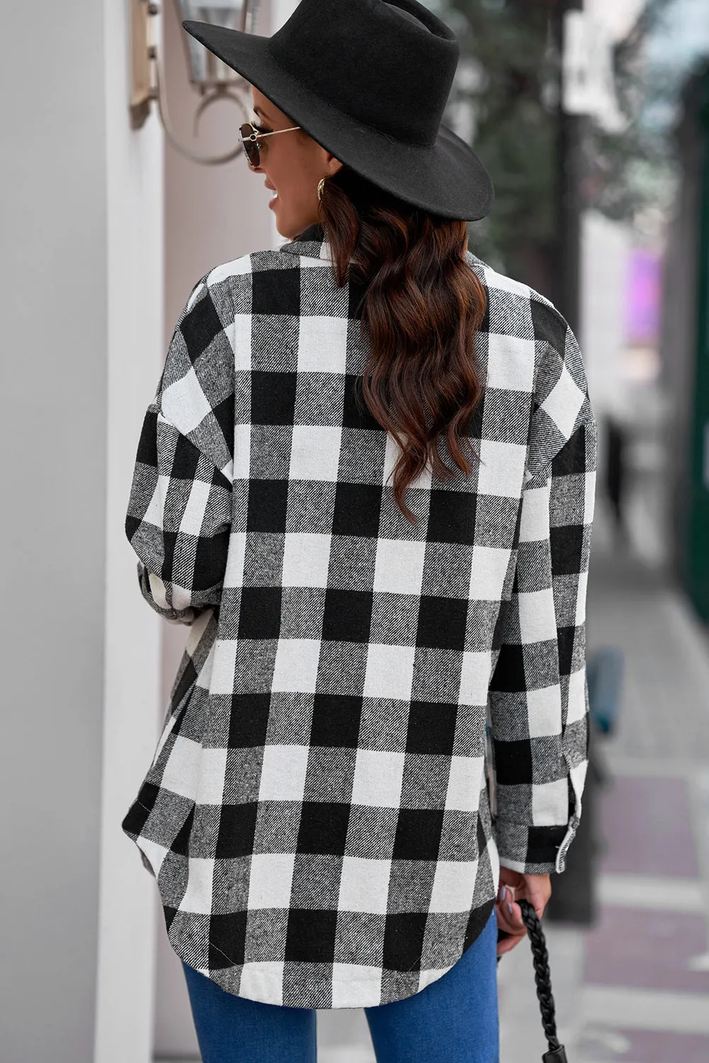 Nicki Plaid Curved Hem Dropped Shoulder Longline Shirt Jacket