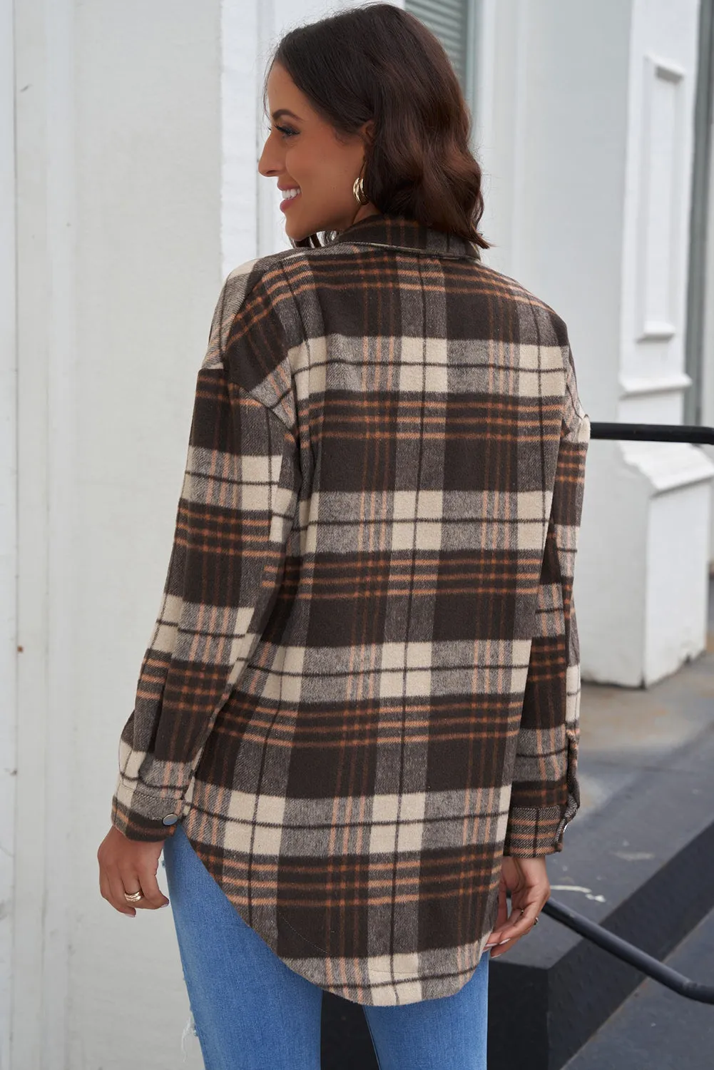 Nicki Plaid Curved Hem Dropped Shoulder Longline Shirt Jacket