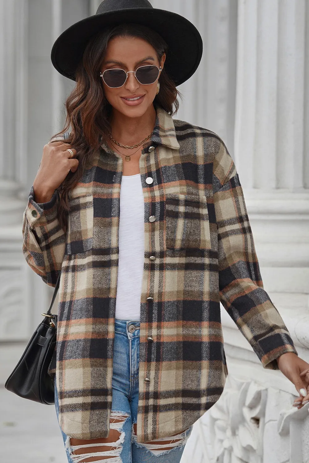 Nicki Plaid Curved Hem Dropped Shoulder Longline Shirt Jacket