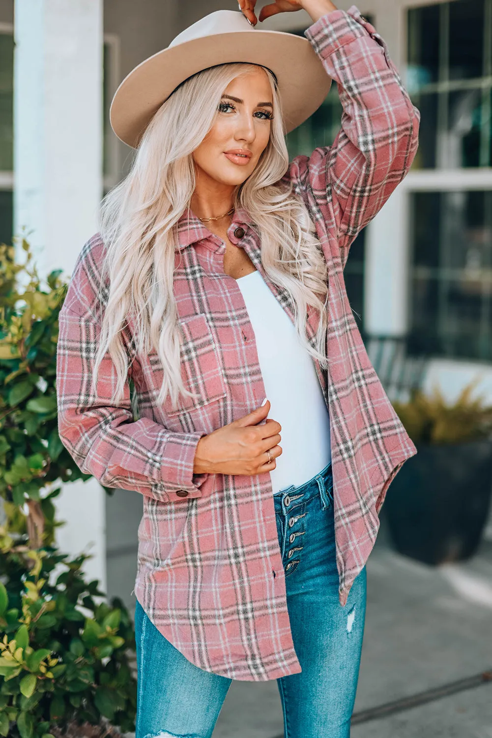 Nicki Plaid Curved Hem Dropped Shoulder Longline Shirt Jacket
