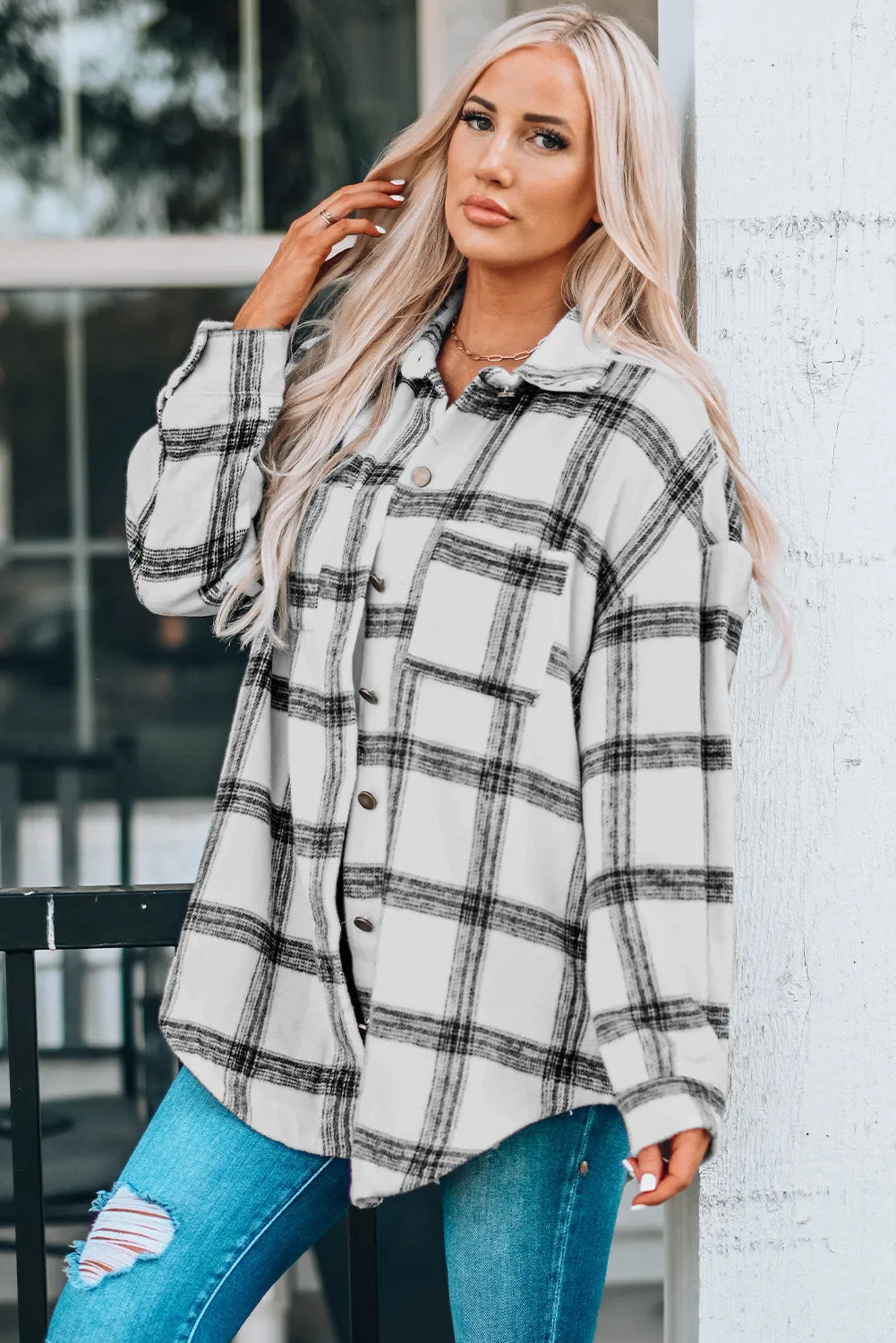 Nicki Plaid Curved Hem Dropped Shoulder Longline Shirt Jacket