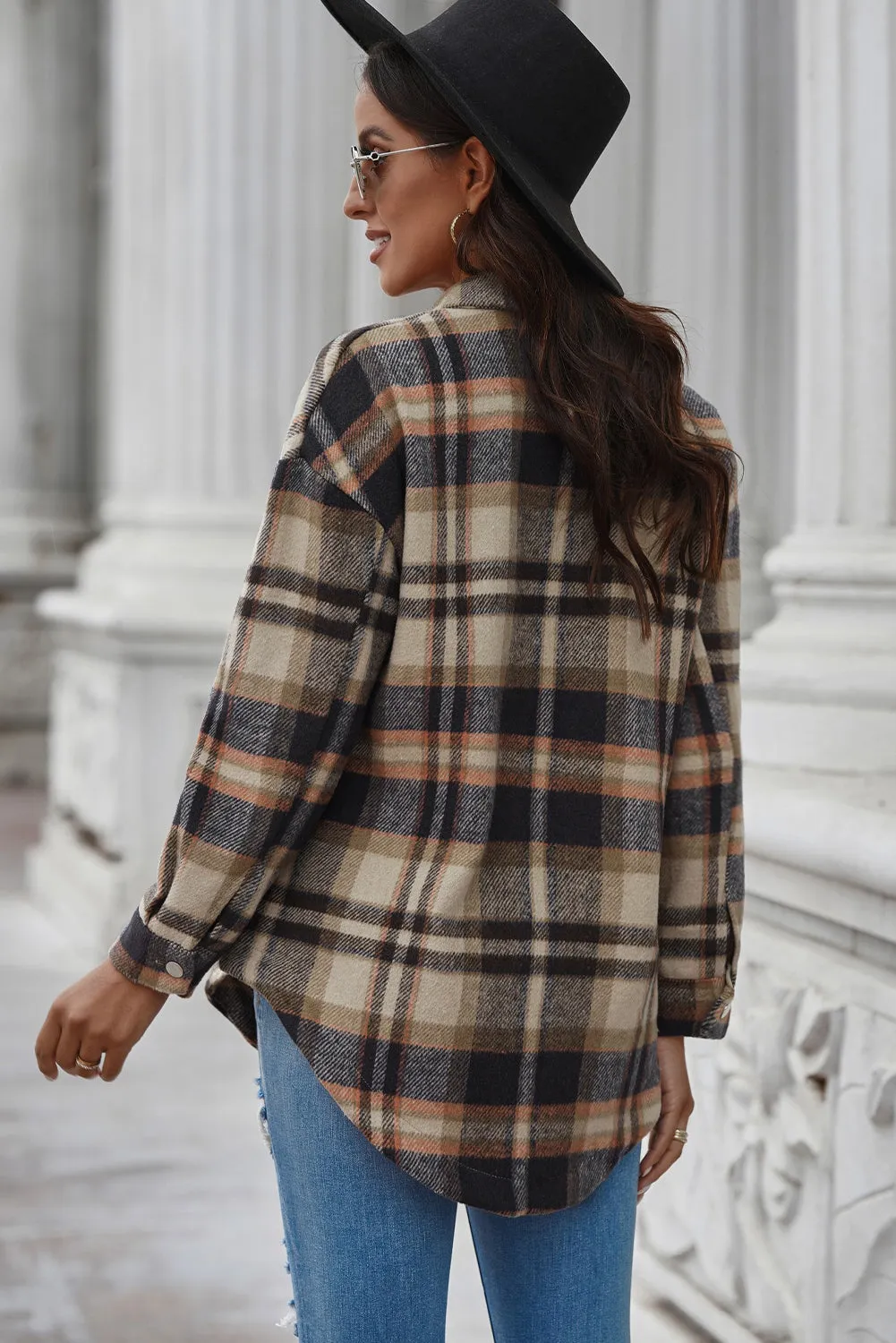 Nicki Plaid Curved Hem Dropped Shoulder Longline Shirt Jacket