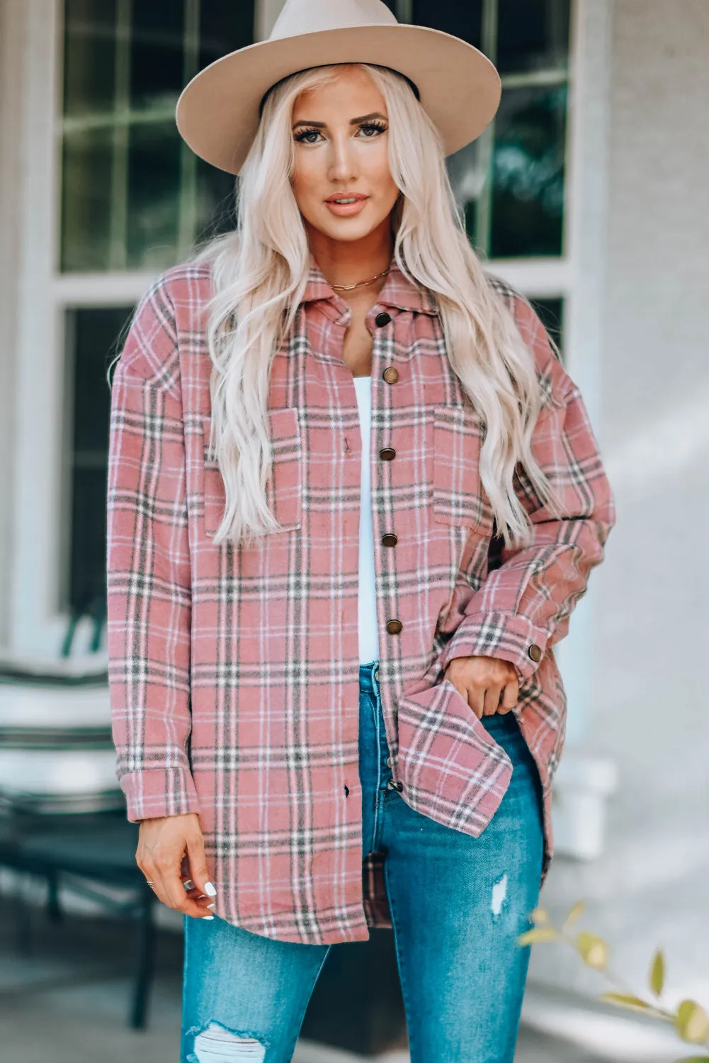 Nicki Plaid Curved Hem Dropped Shoulder Longline Shirt Jacket