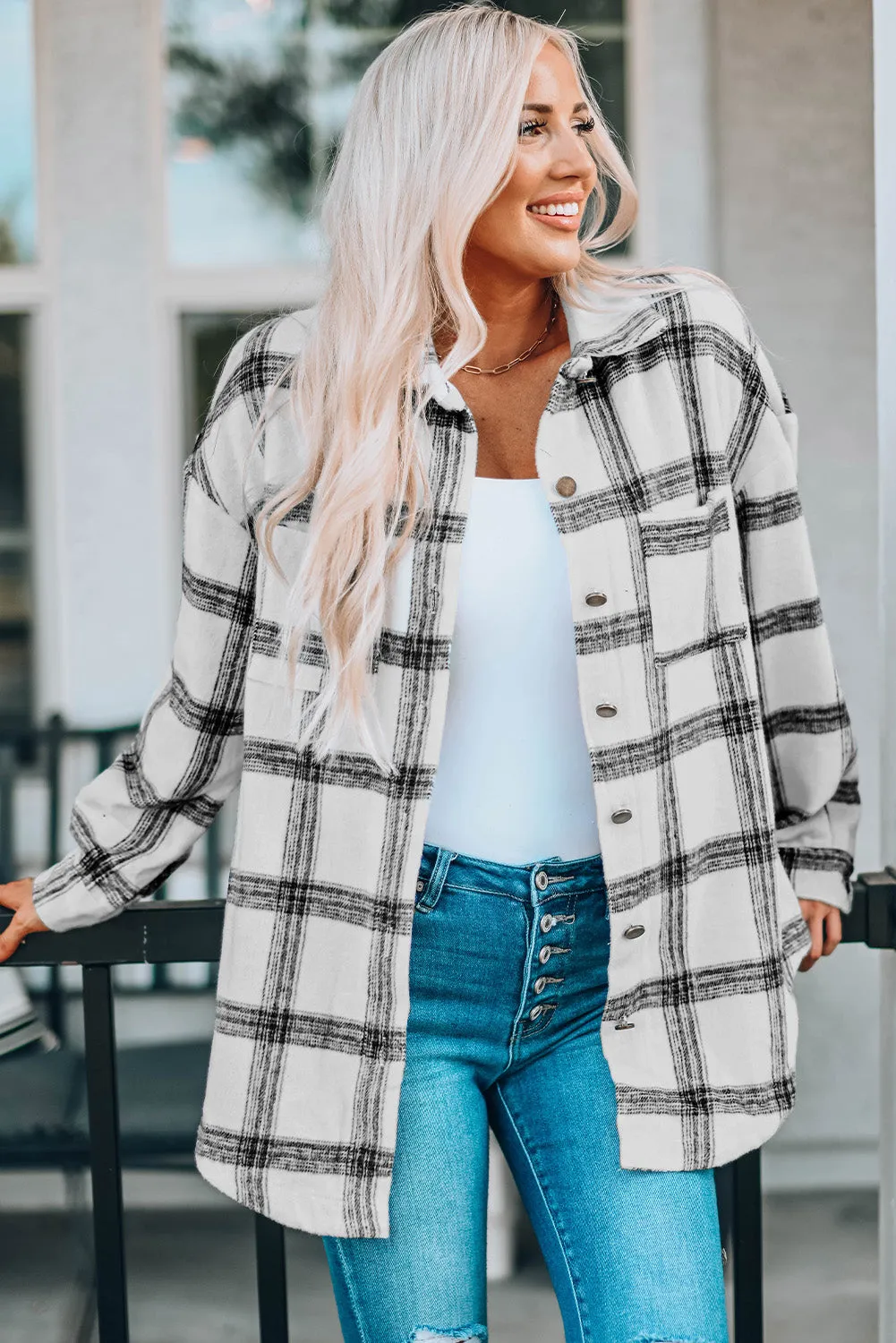 Nicki Plaid Curved Hem Dropped Shoulder Longline Shirt Jacket