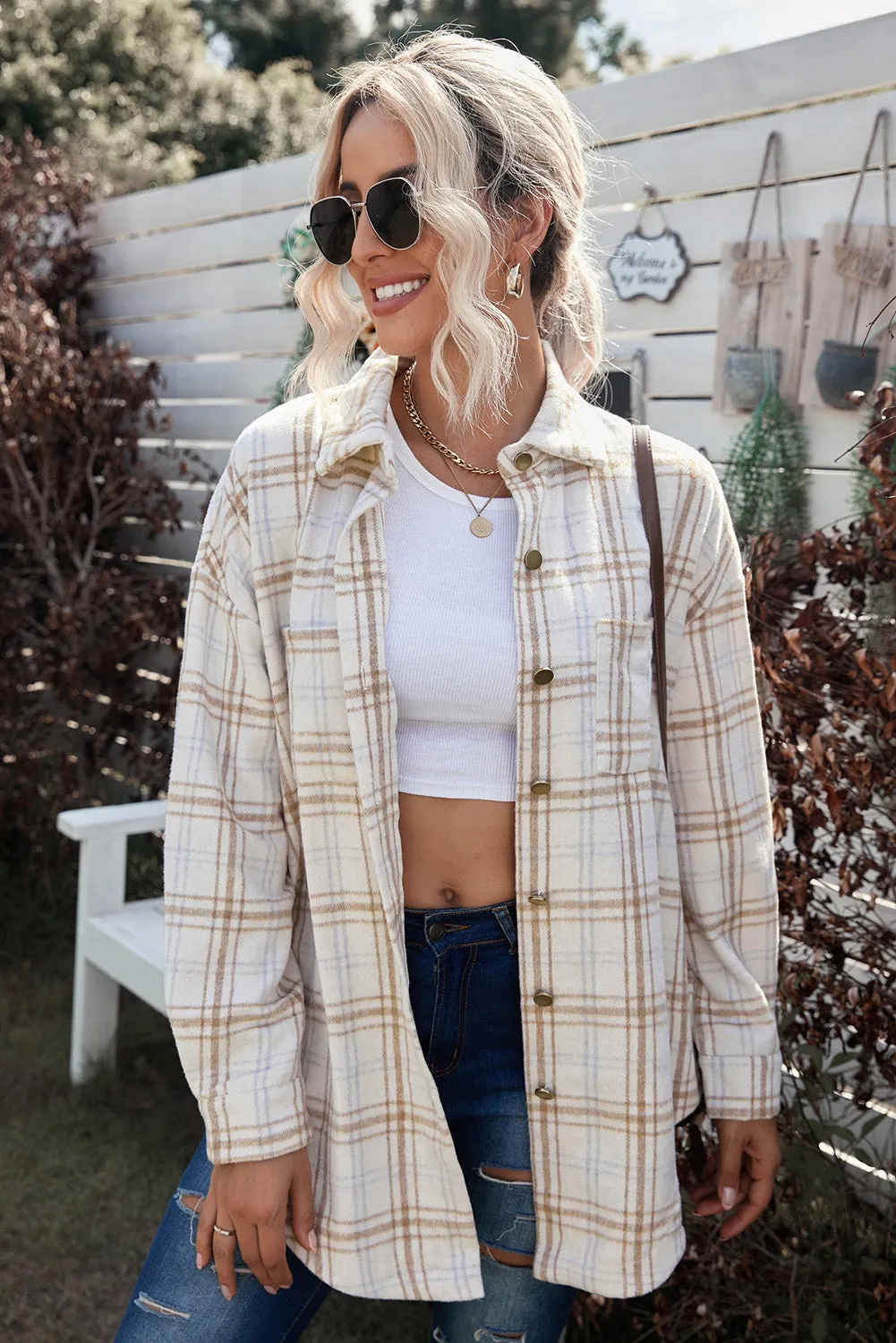 Nicki Plaid Curved Hem Dropped Shoulder Longline Shirt Jacket