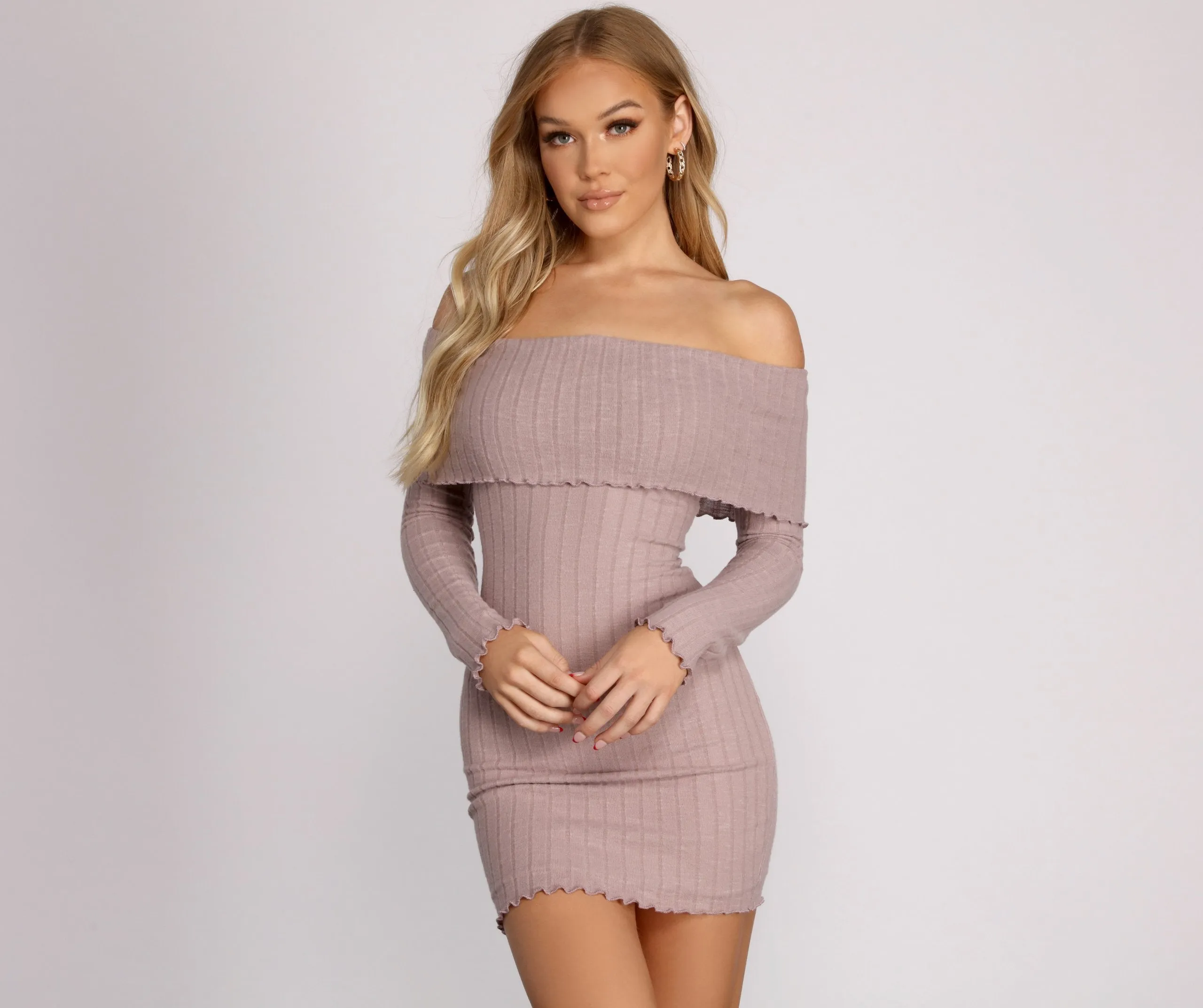Off The Shoulder Charming Brushed Knit Mini Dress