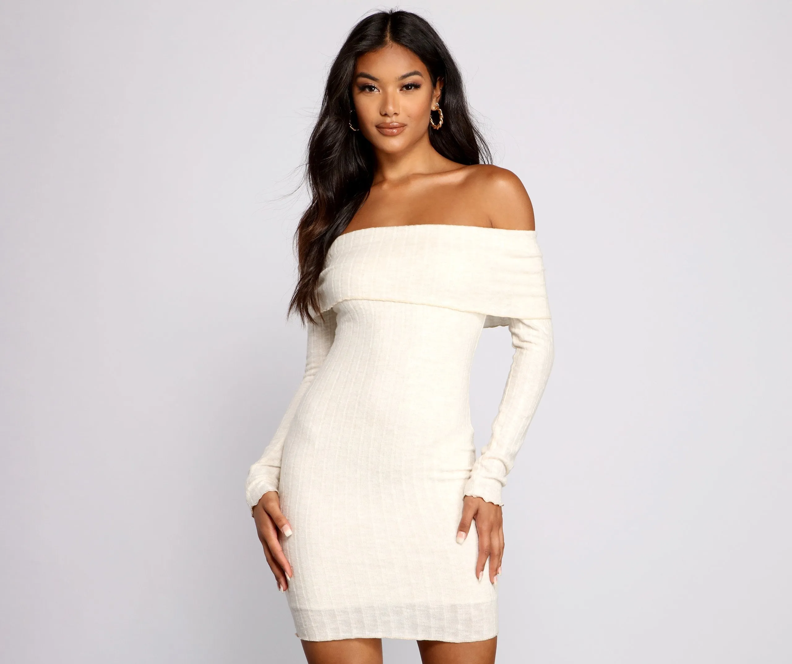 Off The Shoulder Charming Brushed Knit Mini Dress