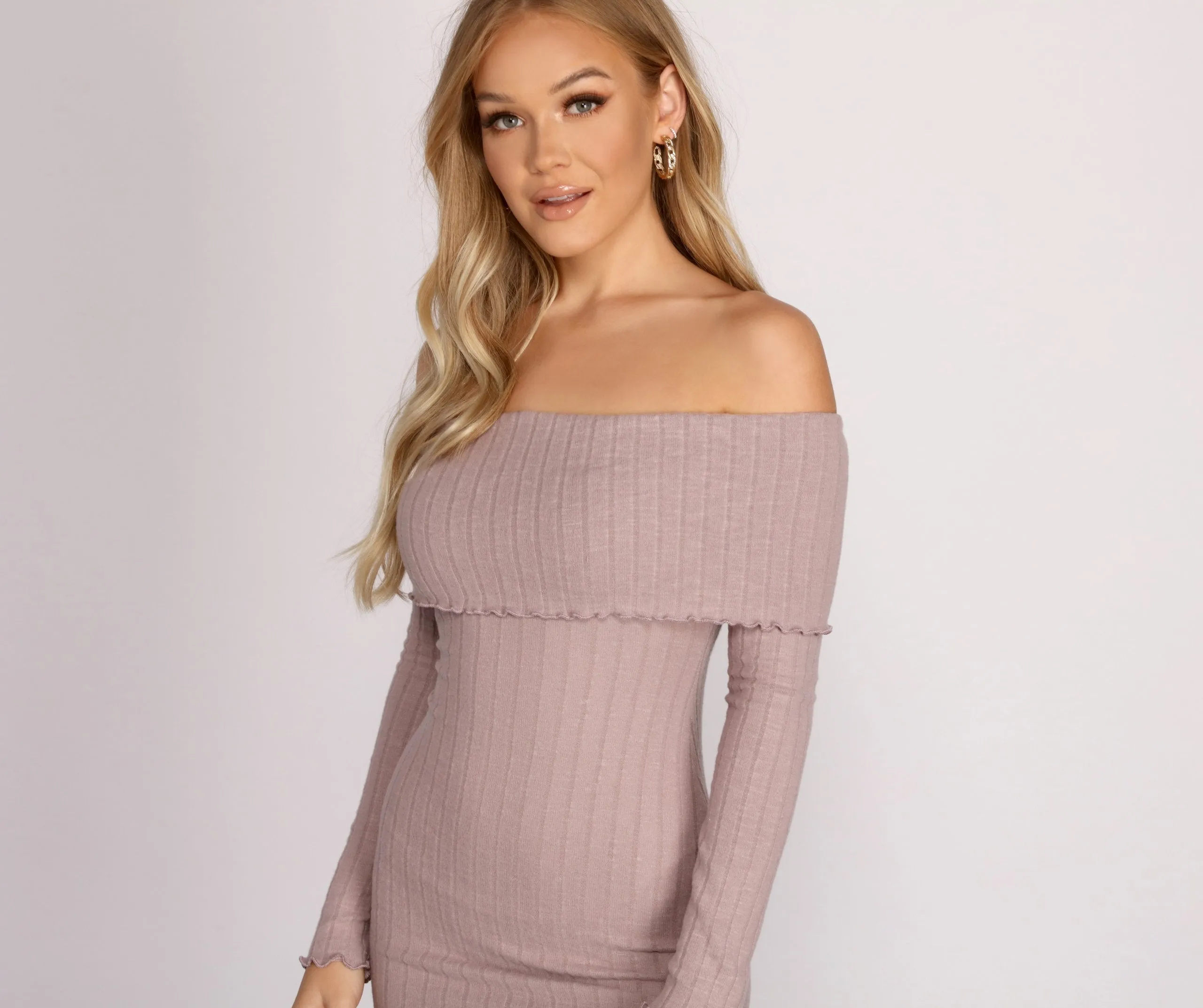 Off The Shoulder Charming Brushed Knit Mini Dress