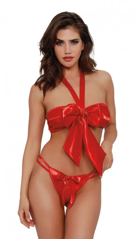 Open Cup Bralette, Open Crotch  G-String - One  Size - Lipstick Red
