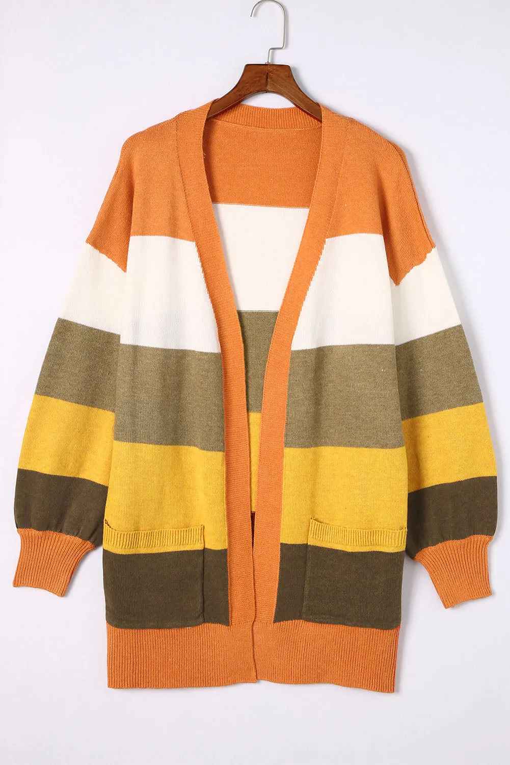 Open Front Pocketed Colorblock Cardigan