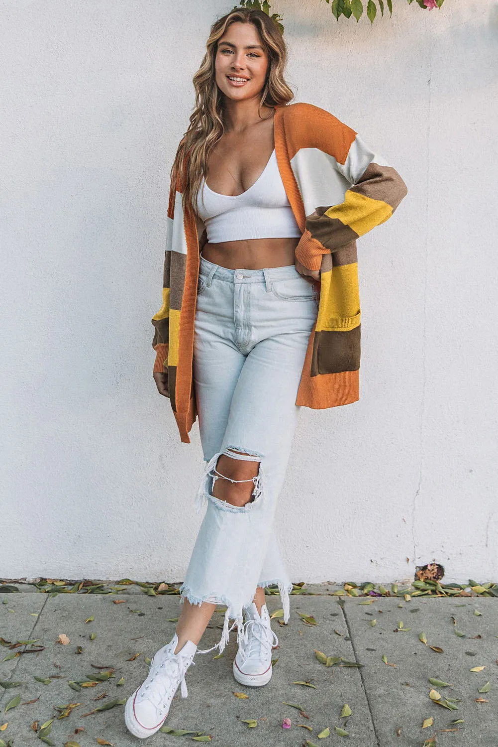 Open Front Pocketed Colorblock Cardigan