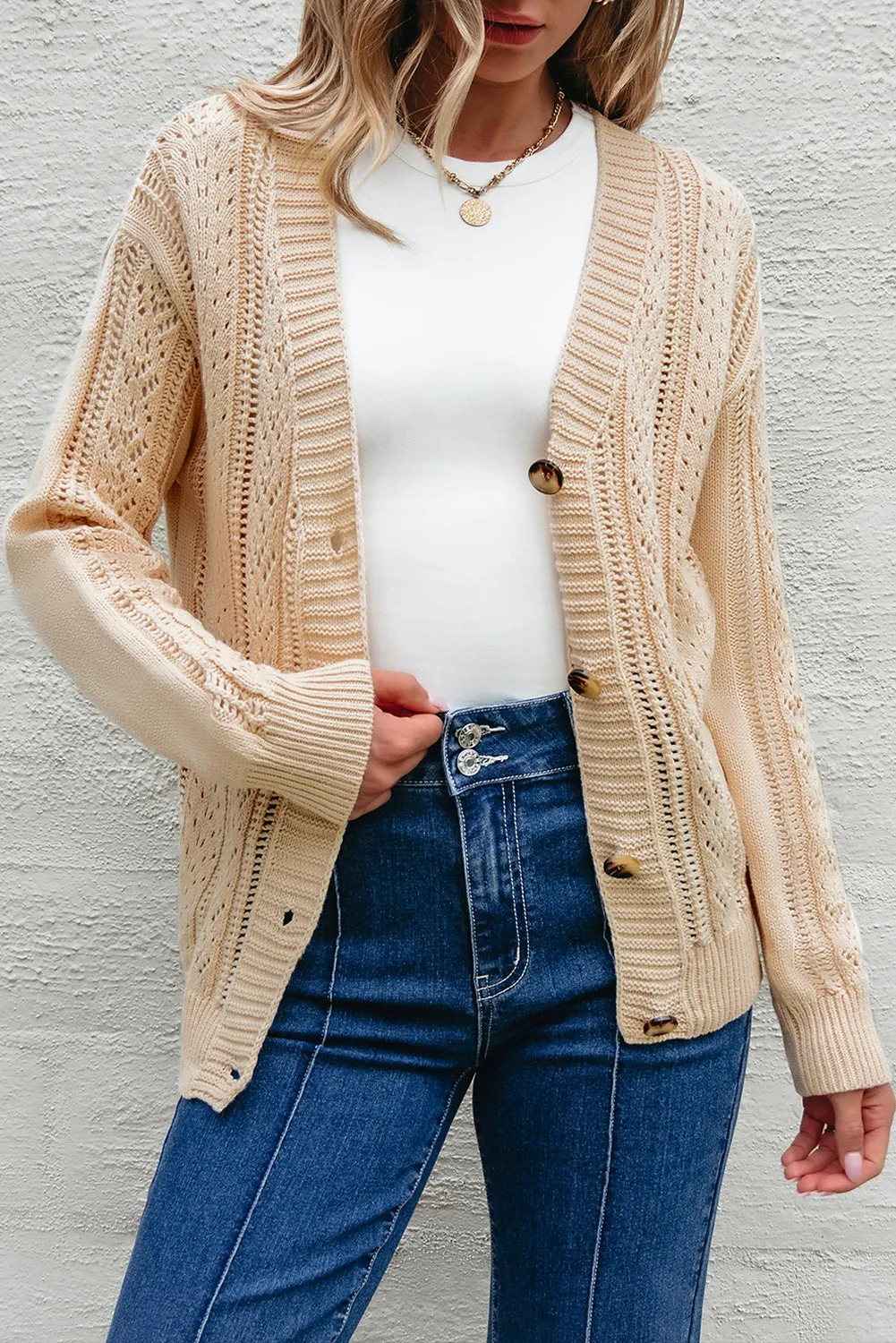 Open Knit Drop Shoulder Sweater Cardigan