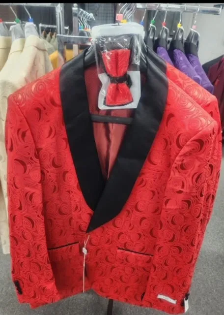 Paisley Tuxedo Dinner Jacket - Red Mens Blazer   Bowtie - Prom Jackets