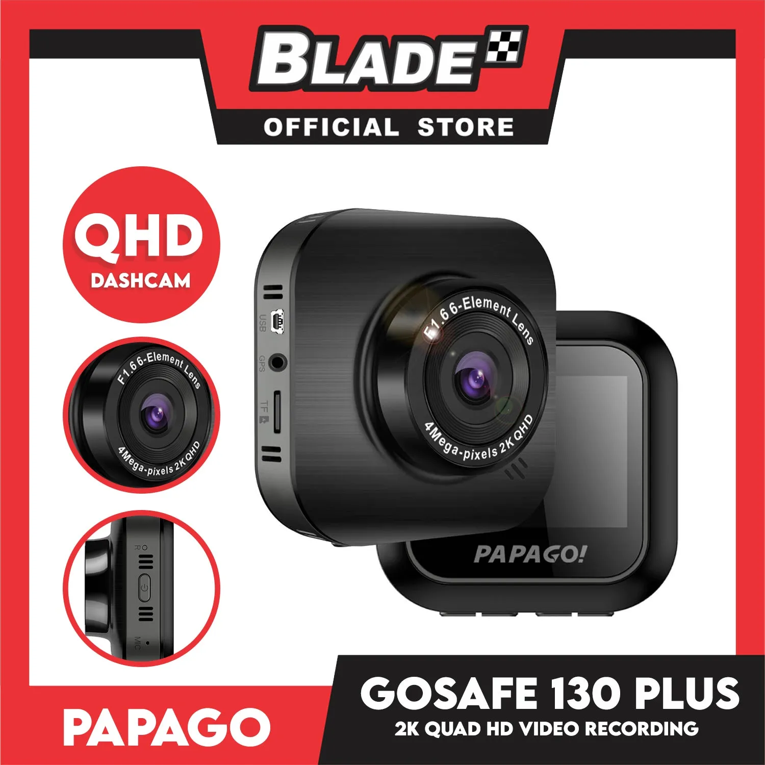 Papago! Car DVR Go Safe 130 Plus Dash Camera QHD 2560 x 1440P, F1.6 Apenture, 2.0' ' HD Screen, 16 GB Included (Black)