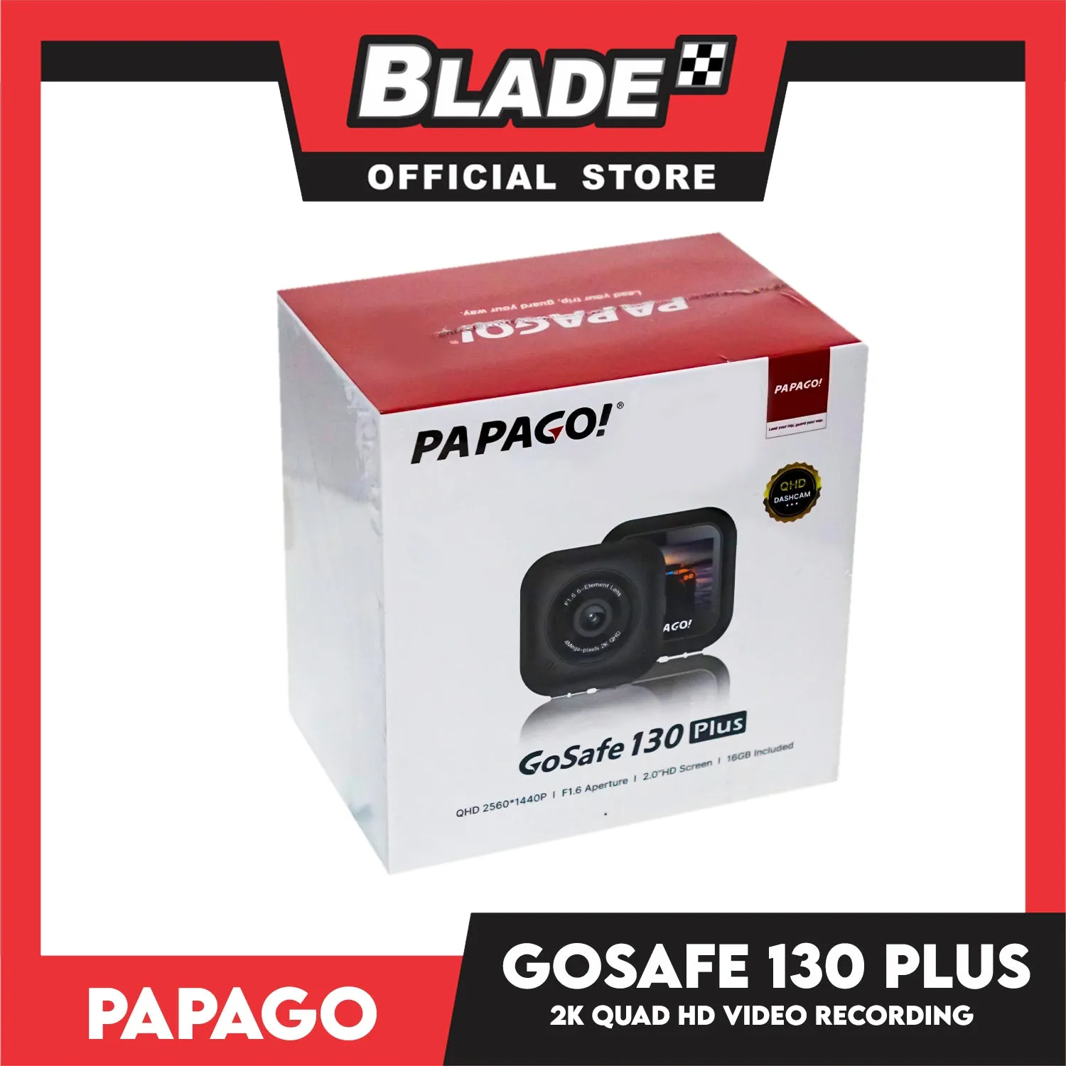 Papago! Car DVR Go Safe 130 Plus Dash Camera QHD 2560 x 1440P, F1.6 Apenture, 2.0' ' HD Screen, 16 GB Included (Black)