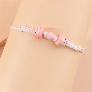 Pink & White Cat Face Beaded Adjustable Bracelet
