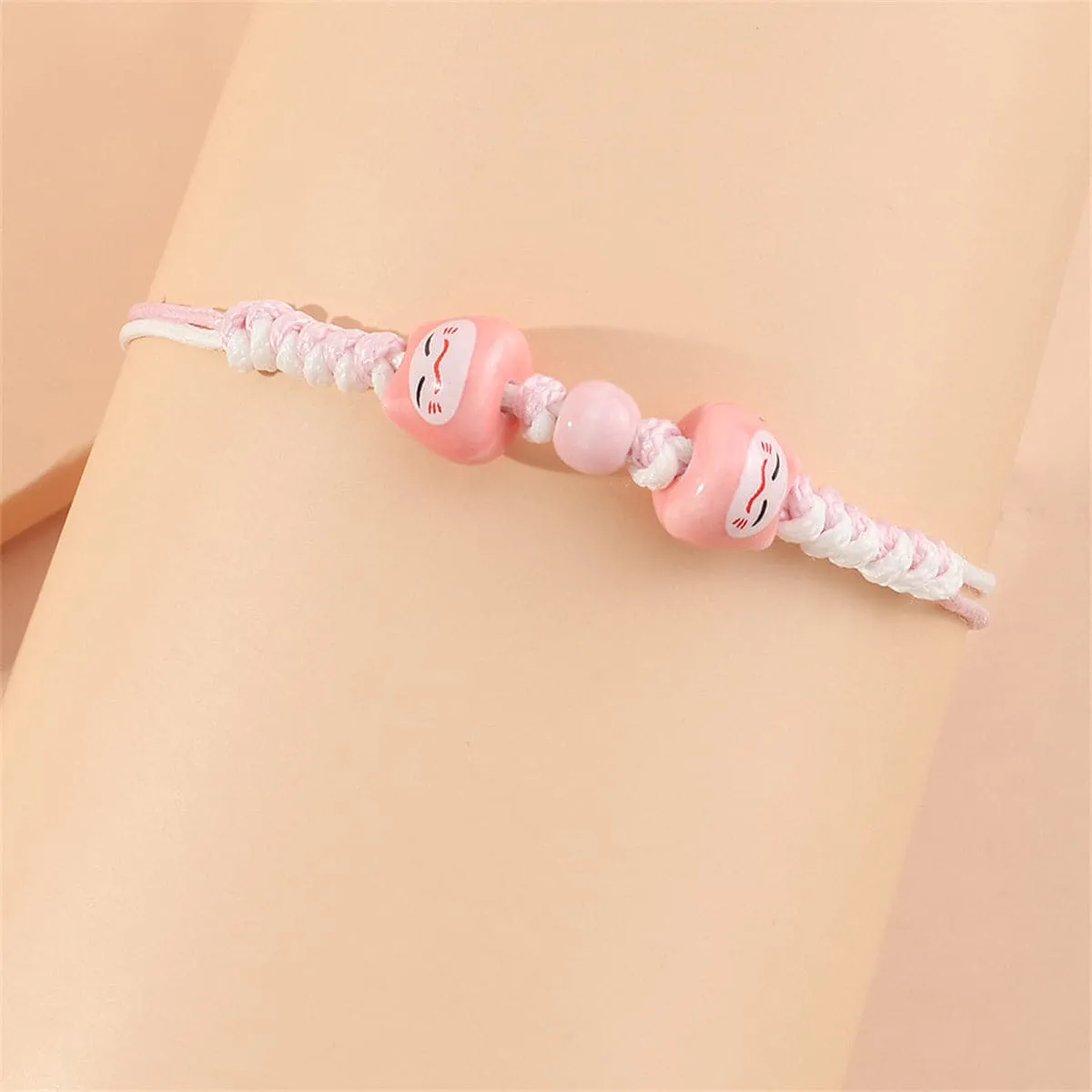 Pink & White Cat Face Beaded Adjustable Bracelet