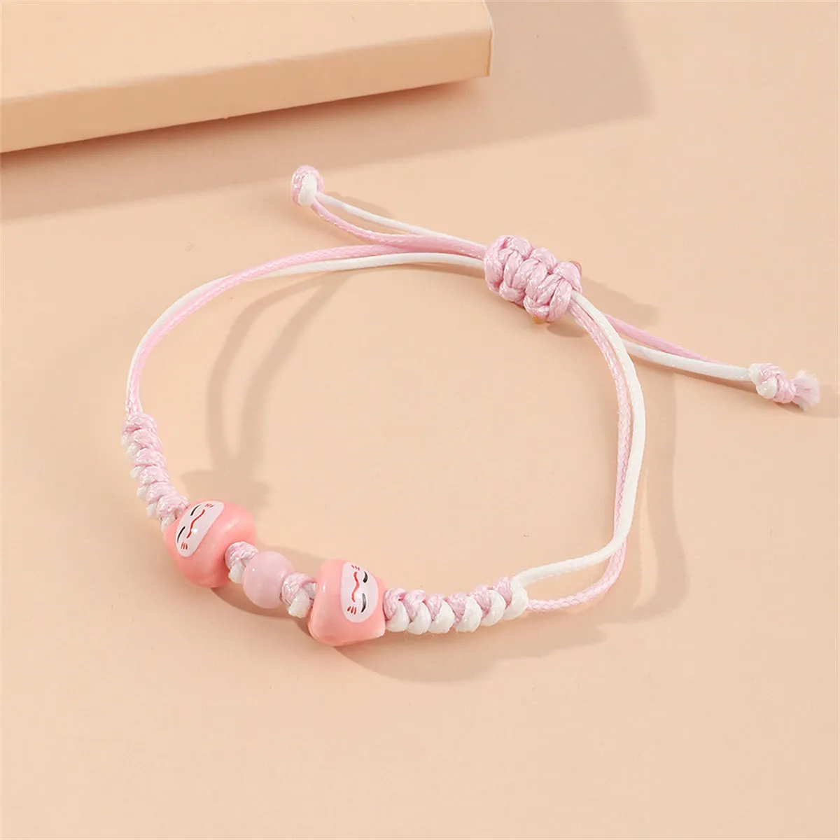 Pink & White Cat Face Beaded Adjustable Bracelet