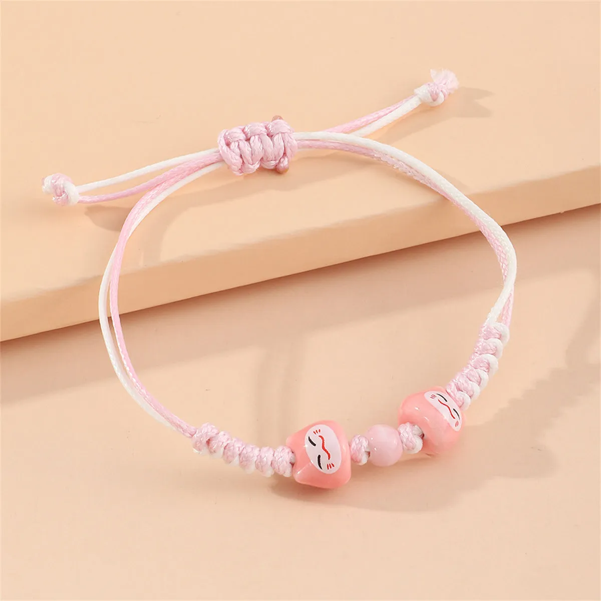 Pink & White Cat Face Beaded Adjustable Bracelet