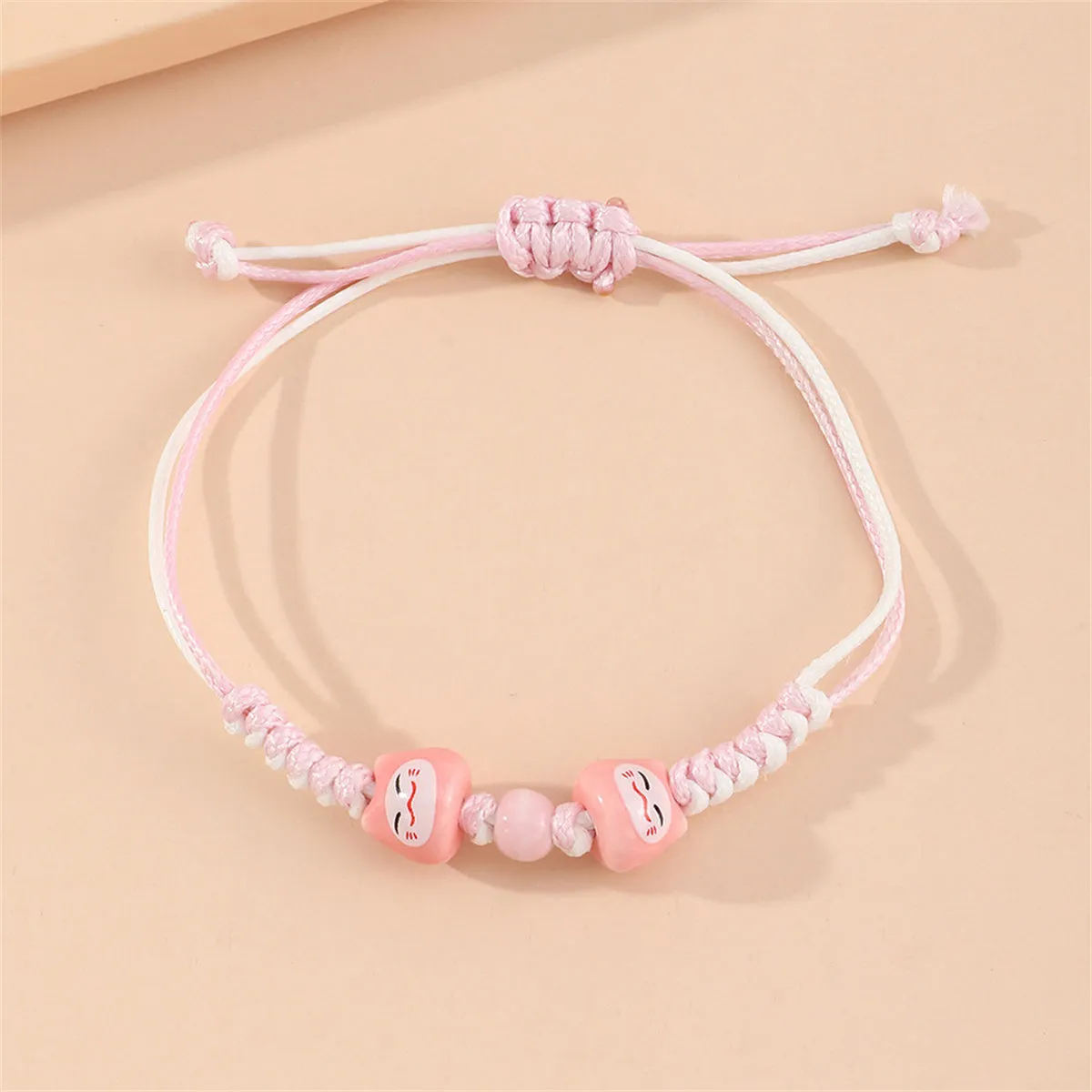 Pink & White Cat Face Beaded Adjustable Bracelet