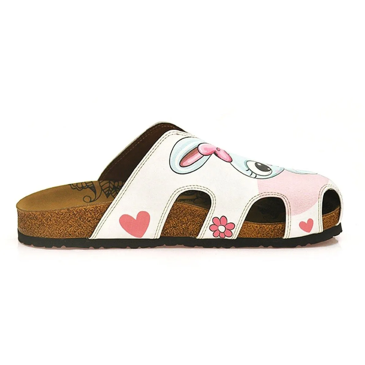 Pink and White Colored Flowers and Grey Cute Bunny Patterned Clogs - WCAL601