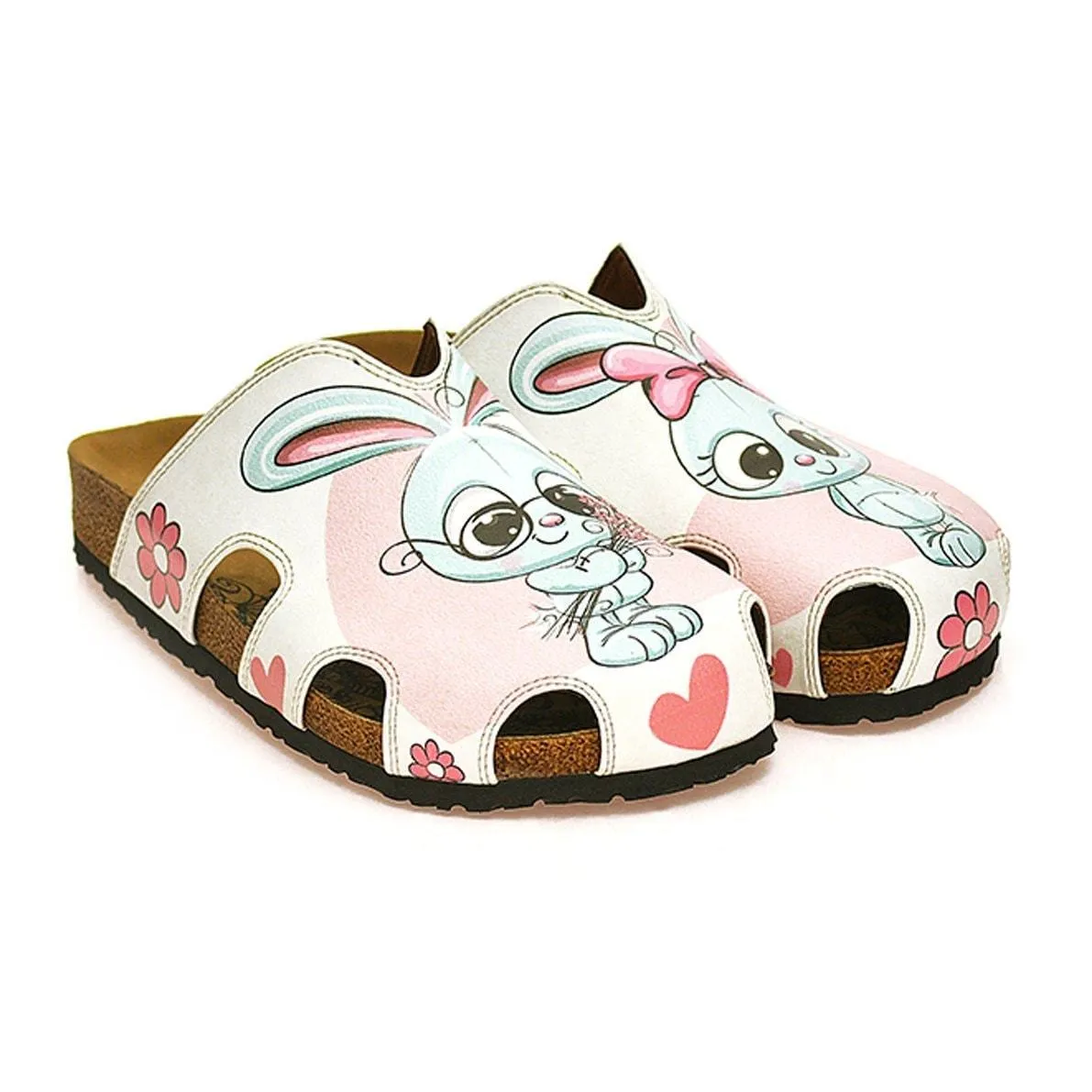 Pink and White Colored Flowers and Grey Cute Bunny Patterned Clogs - WCAL601