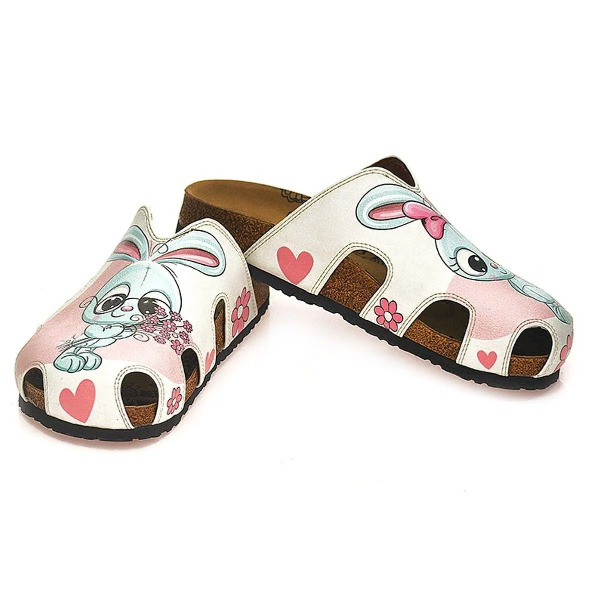 Pink and White Colored Flowers and Grey Cute Bunny Patterned Clogs - WCAL601