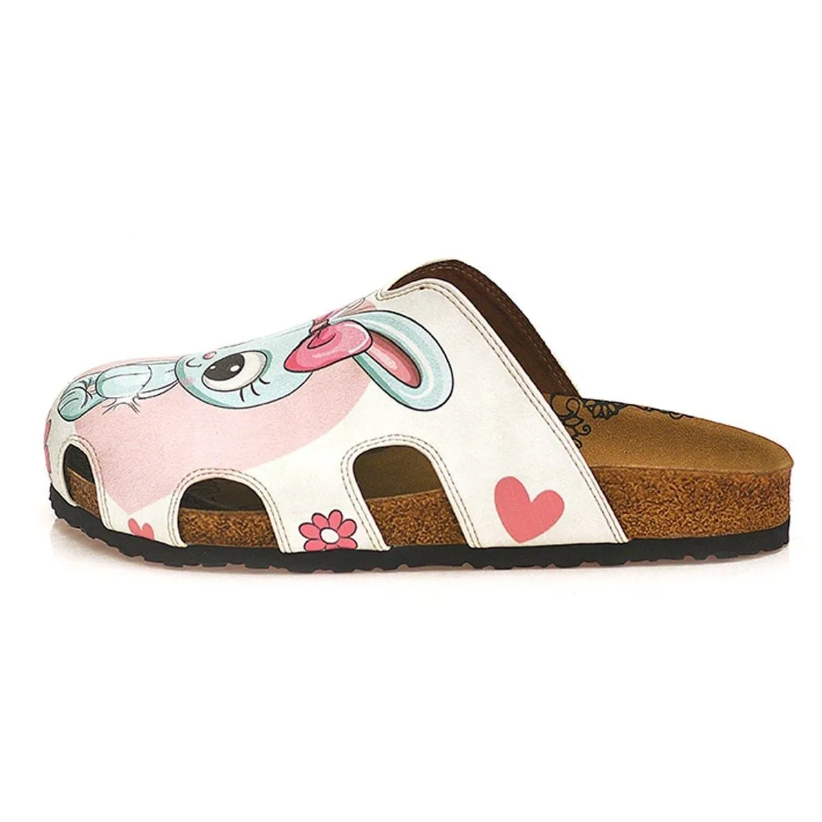 Pink and White Colored Flowers and Grey Cute Bunny Patterned Clogs - WCAL601