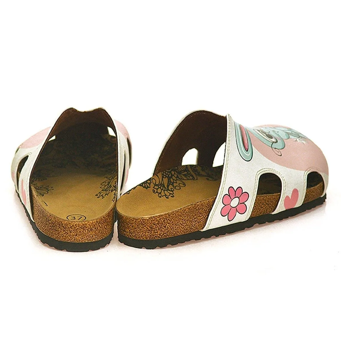 Pink and White Colored Flowers and Grey Cute Bunny Patterned Clogs - WCAL601