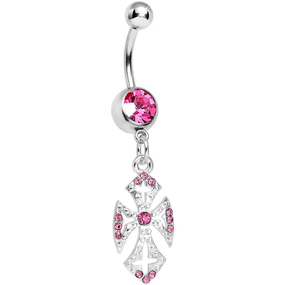Pink Gem Ornate Heavenly Cross Dangle Belly Ring