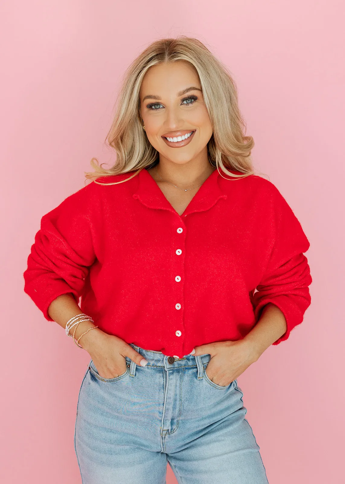 Piper Button Cardigan - Red